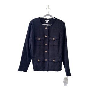 Liz Claiborne Womens 1X Black Textured Tweed Jacket Gold Button & Pockets NWT
